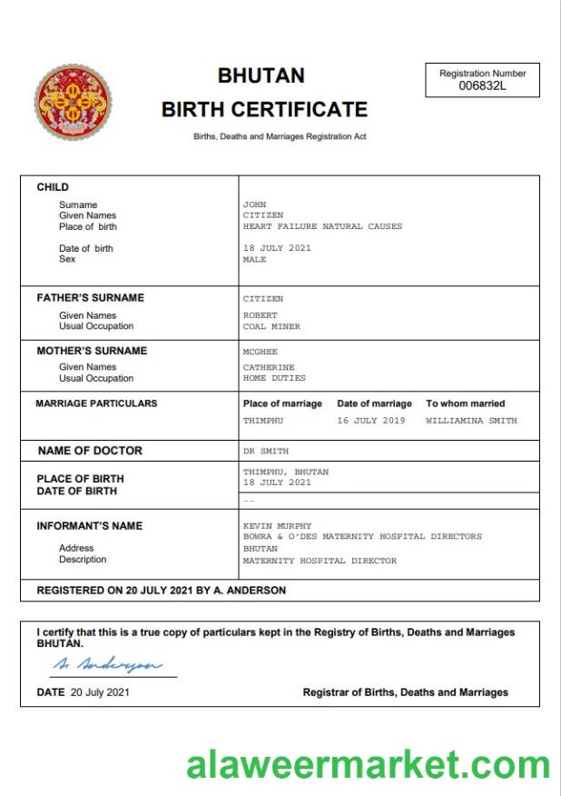 Bhutan vital record birth certificate Word and PDF template